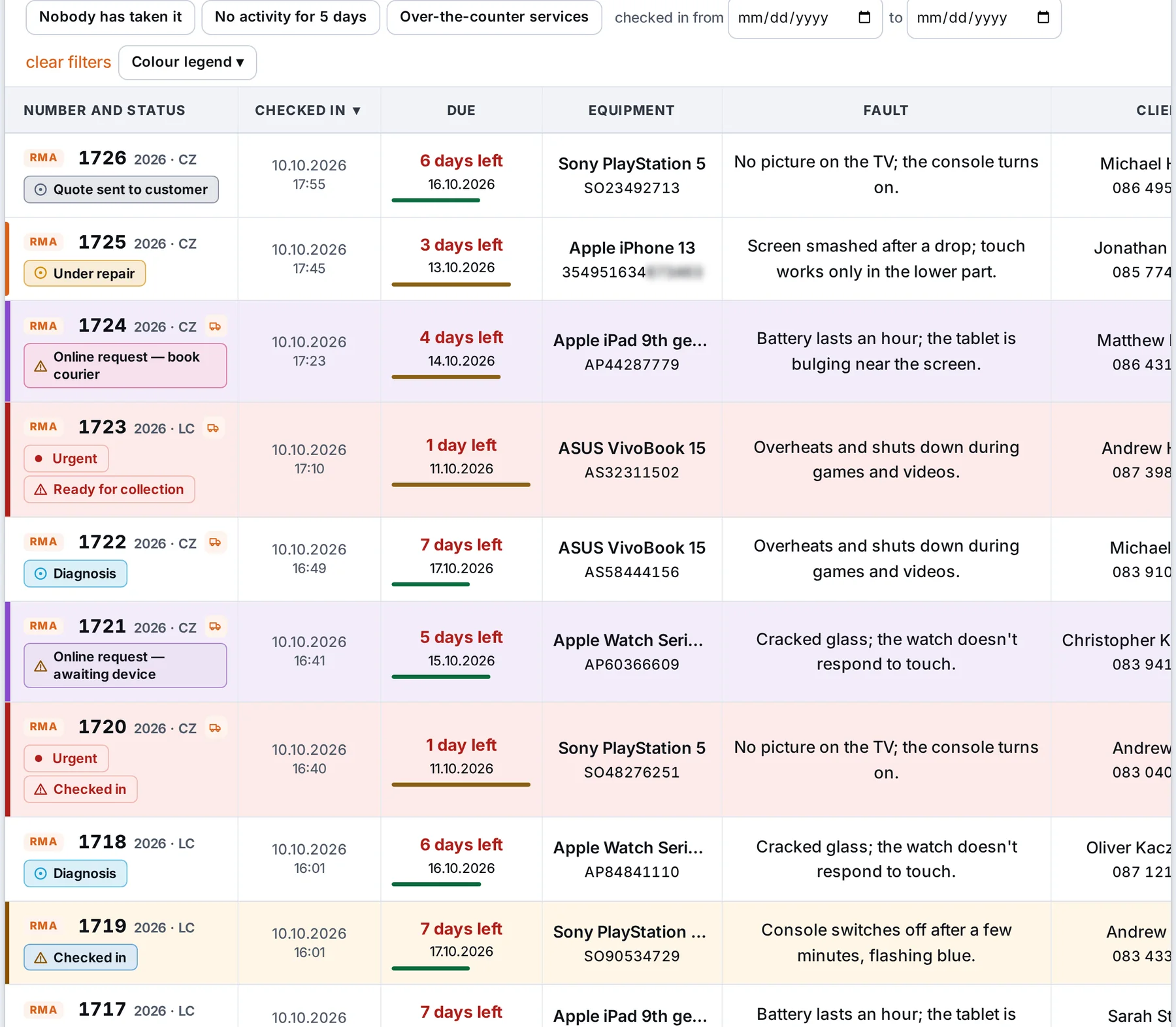 Current repairs list: number with status, received, deadline with a time bar, device, fault and customer, rows in status colours – sample data