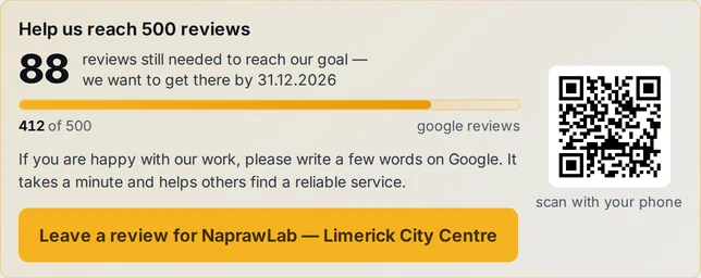 Google review tile in JUICE: a counter of missing reviews, a QR code and a Leave a review button – sample data