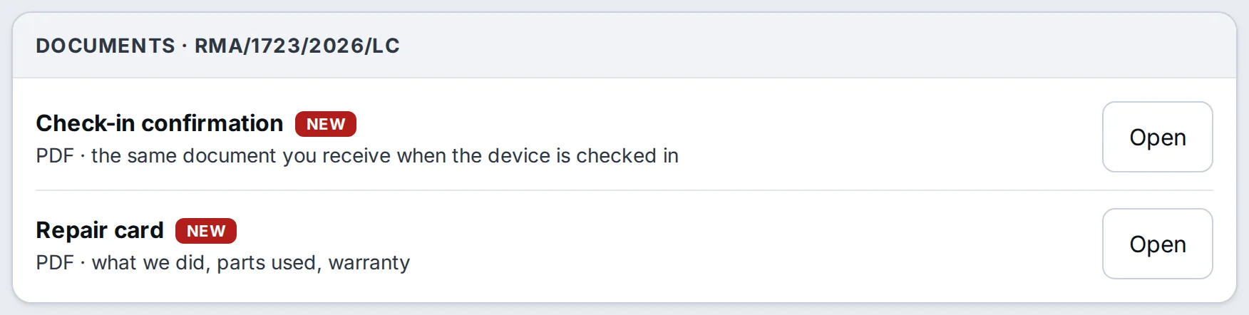 JUICE, Documents tab: check-in receipt and repair card as PDFs marked NEW – sample data