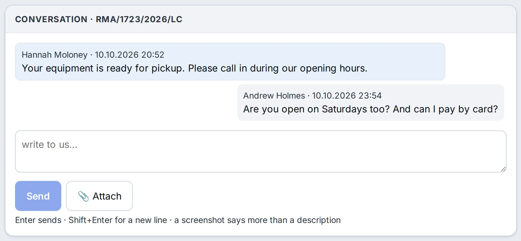 JUICE, Messages tab: the shop writes that the device is ready, the customer asks about Saturday and paying by card, a reply field with an Attach button – sample data