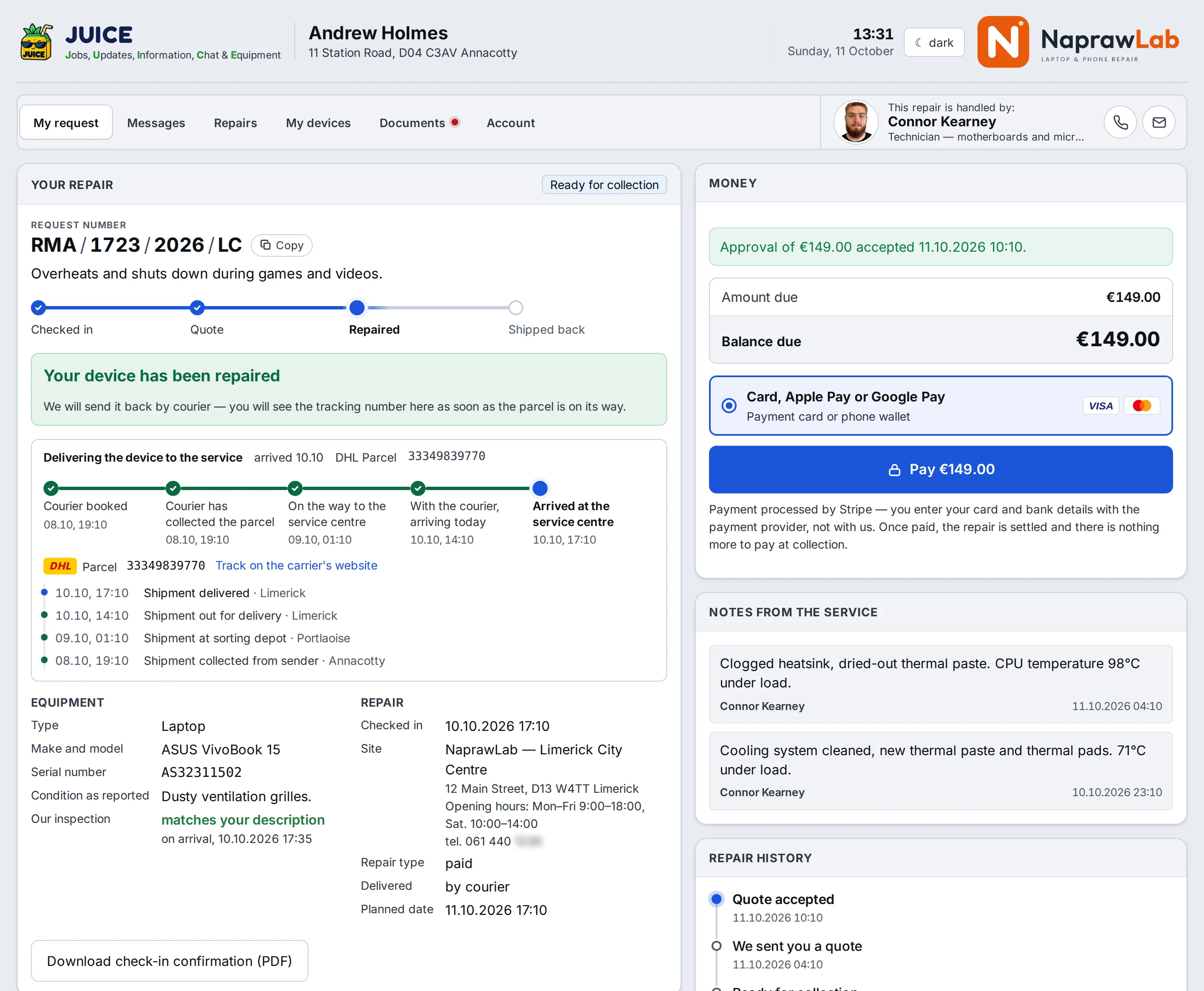 JUICE on a computer, My case tab: stage bar, device repaired, the DHL parcel’s route with carrier scans, amount due with a Pay button, notes from the shop and repair history – sample data
