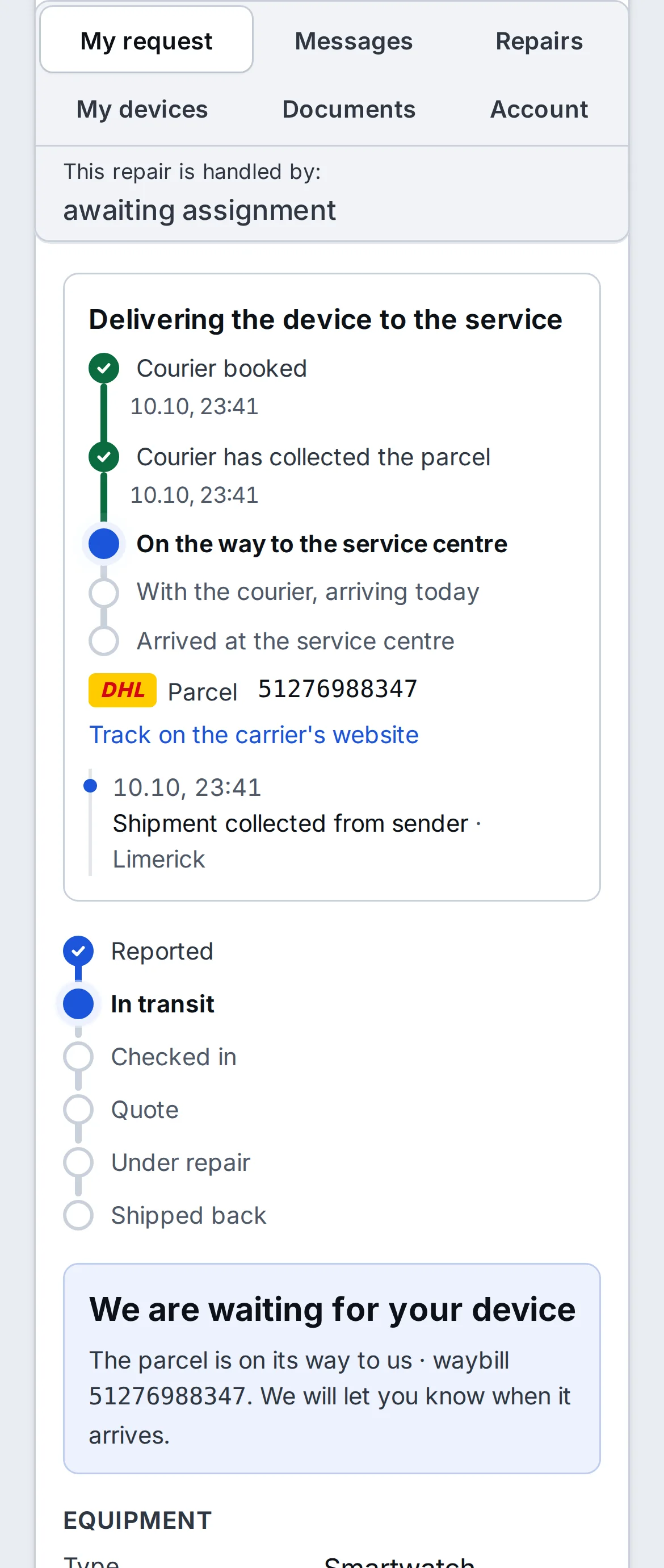 JUICE on a phone: a DHL parcel on its way to the shop with stages and the carrier’s last scan – sample data