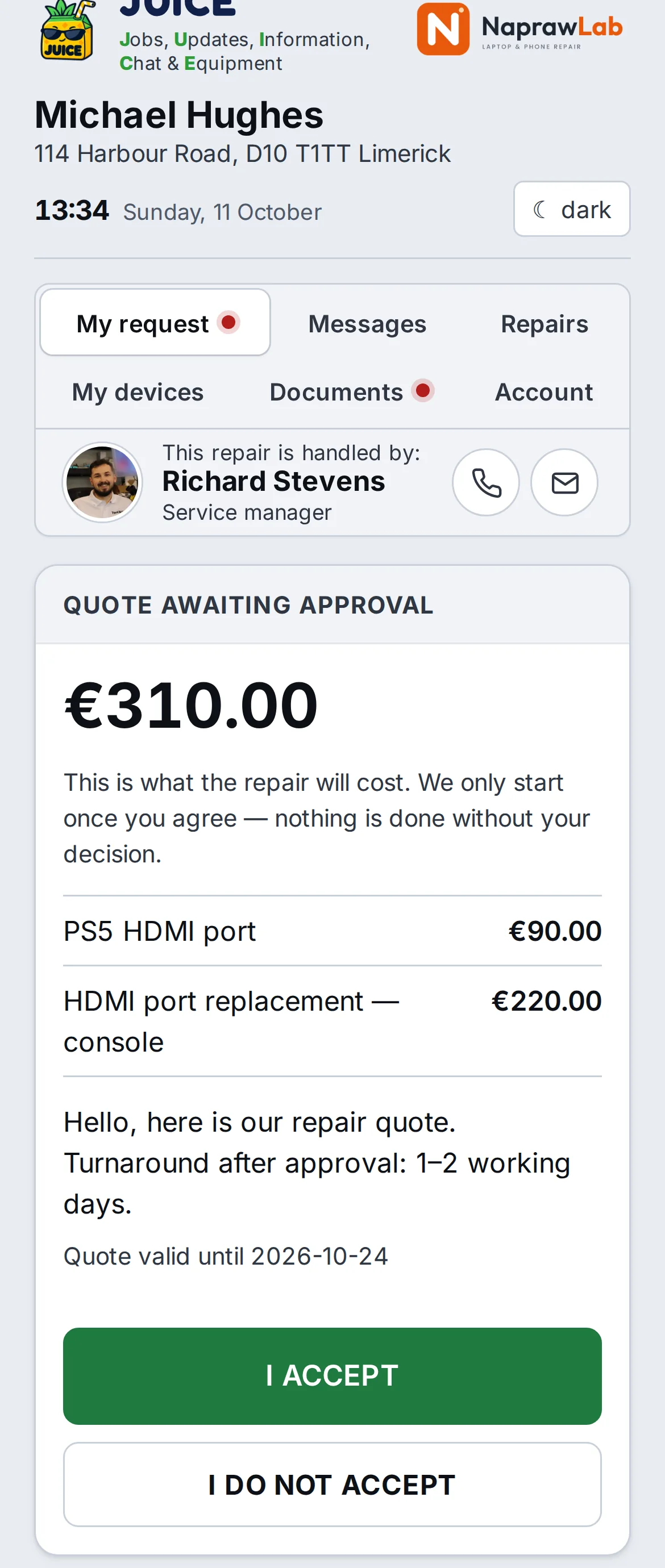 JUICE on the customer’s phone: a quote awaiting approval with I accept and I do not accept buttons – sample data
