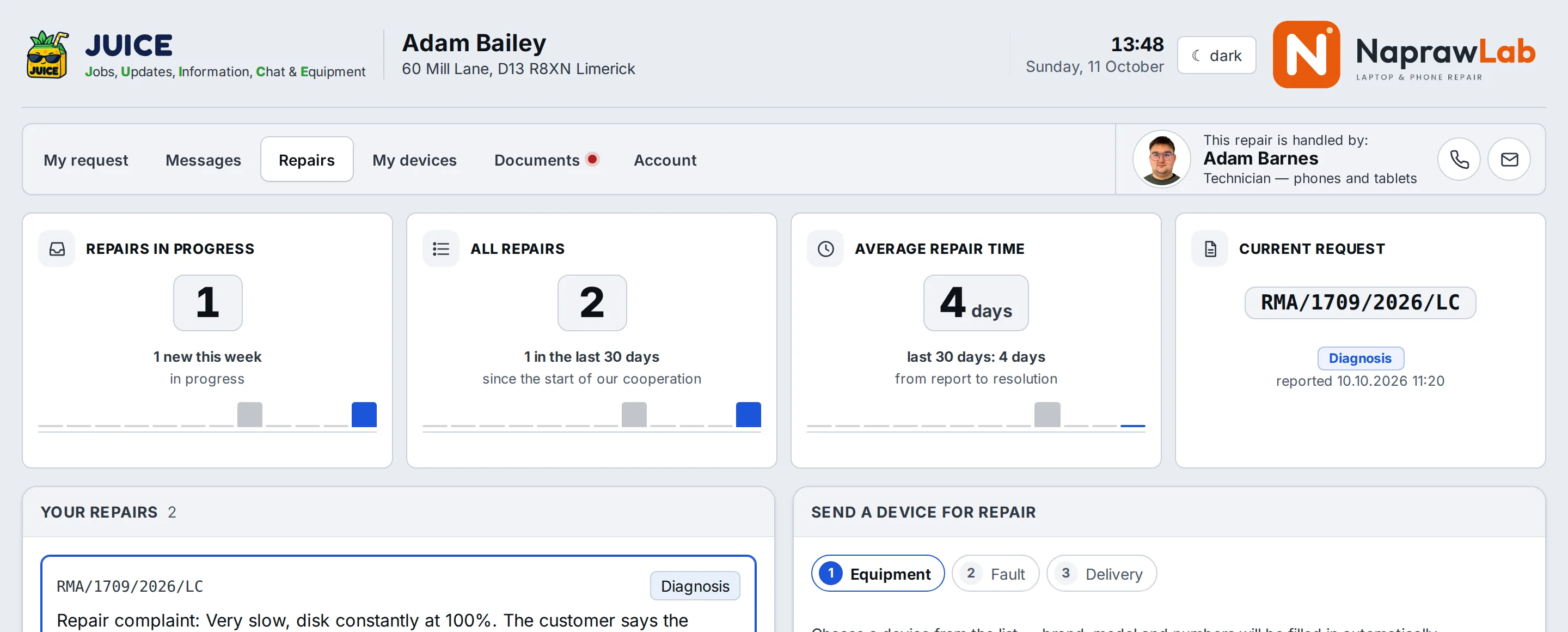 JUICE, Repairs tab: repairs in progress, all repairs, average repair time, a list with a warranty claim and an archived repair, and a request for another device – sample data