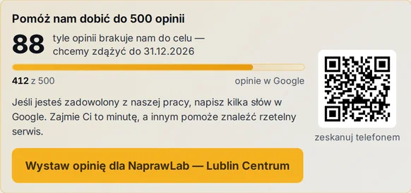 Kafelek opinii Google w SOK: licznik brakujących opinii, kod QR i przycisk Wystaw opinię – przykładowe dane