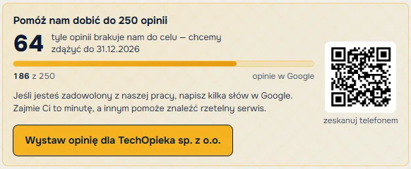Kafelek opinii Google w SOK: licznik brakujących opinii do celu, pasek postępu, kod QR i przycisk Wystaw opinię – przykładowe dane