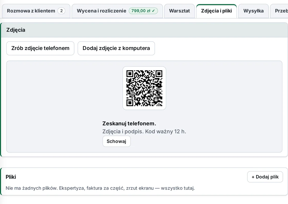 Karta naprawy, sekcja Zdjęcia: przyciski Zrób zdjęcie telefonem i Dodaj zdjęcie z komputera oraz kod QR ważny 12 godzin – przykładowe dane