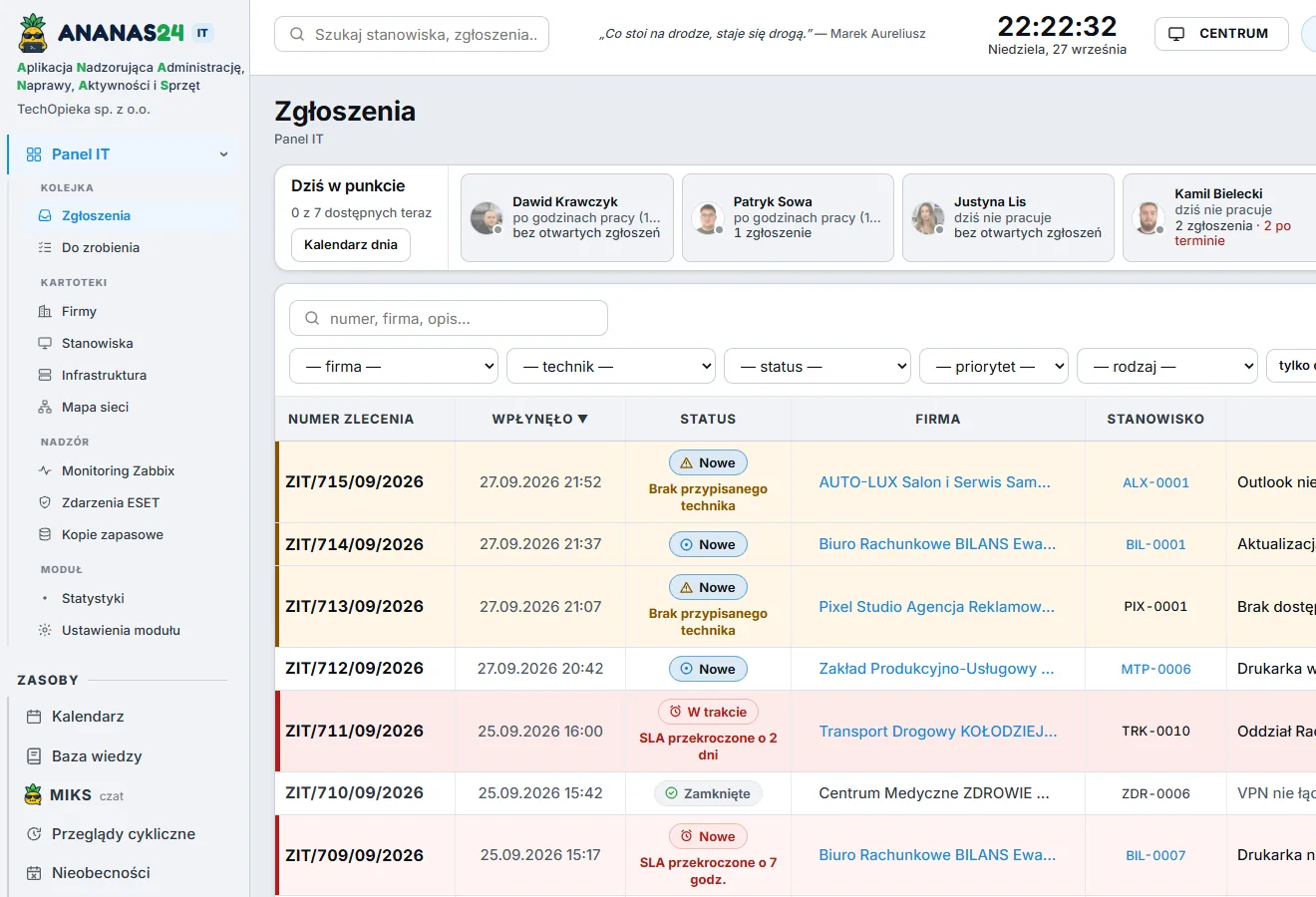 Lista zgłoszeń IT w motywie jasnym – przykładowe dane