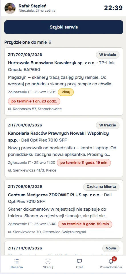 Lista zleceń technika na telefonie w motywie ANANAS – przykładowe dane