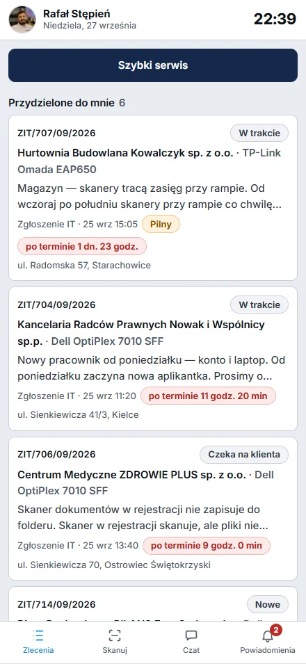 Lista zleceń technika na telefonie w motywie jasnym – przykładowe dane