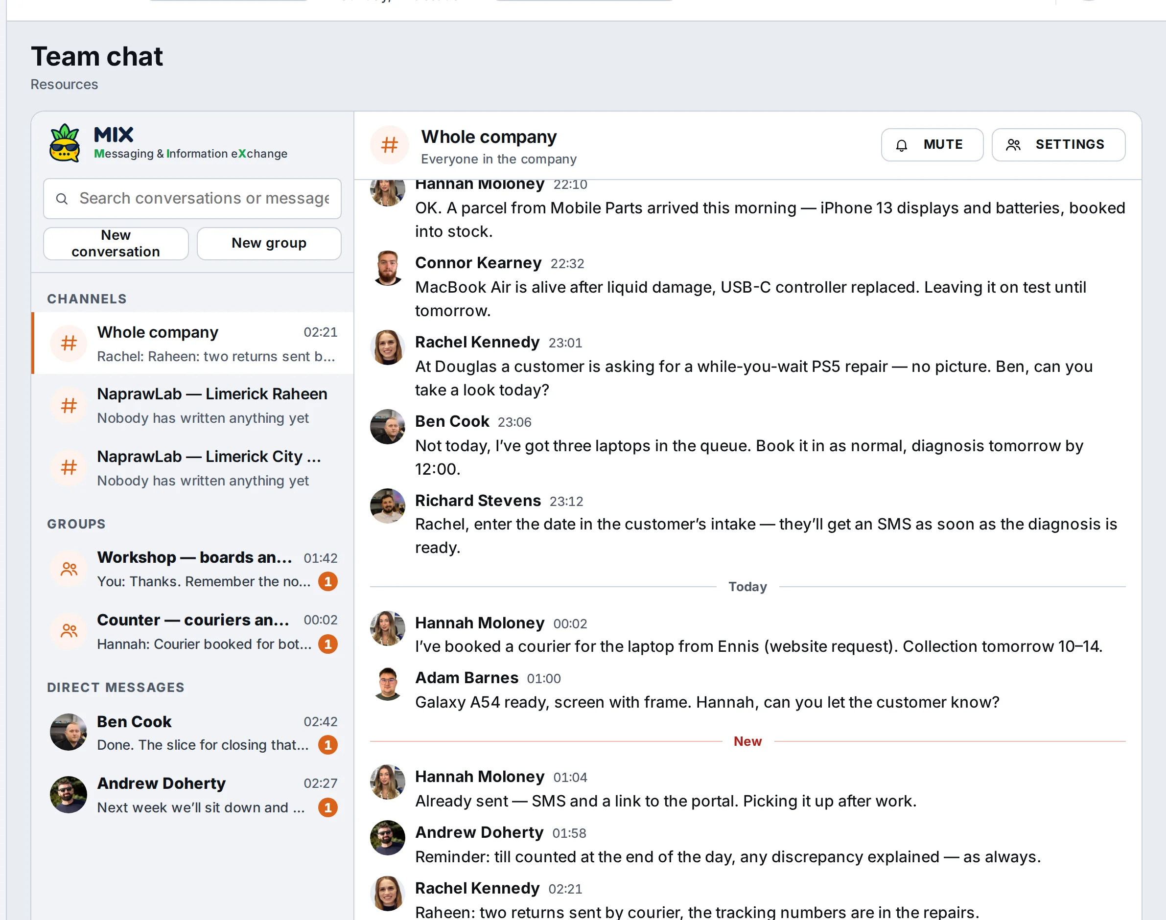 MIX, the team chat: company-wide and location channels, groups, private conversations and a conversation on the Whole company channel about parcels, handovers and repairs – sample data