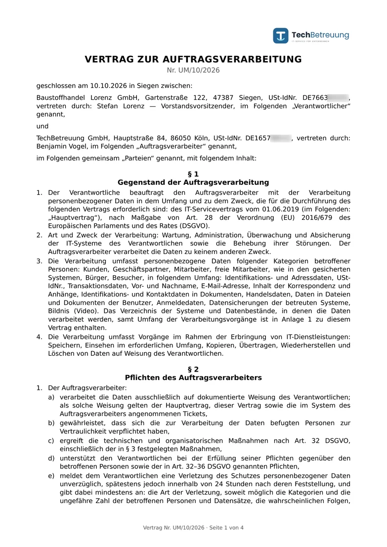 In ANANAS erstellter AVV (Auftragsverarbeitungsvertrag), Seite 1 – Beispieldaten