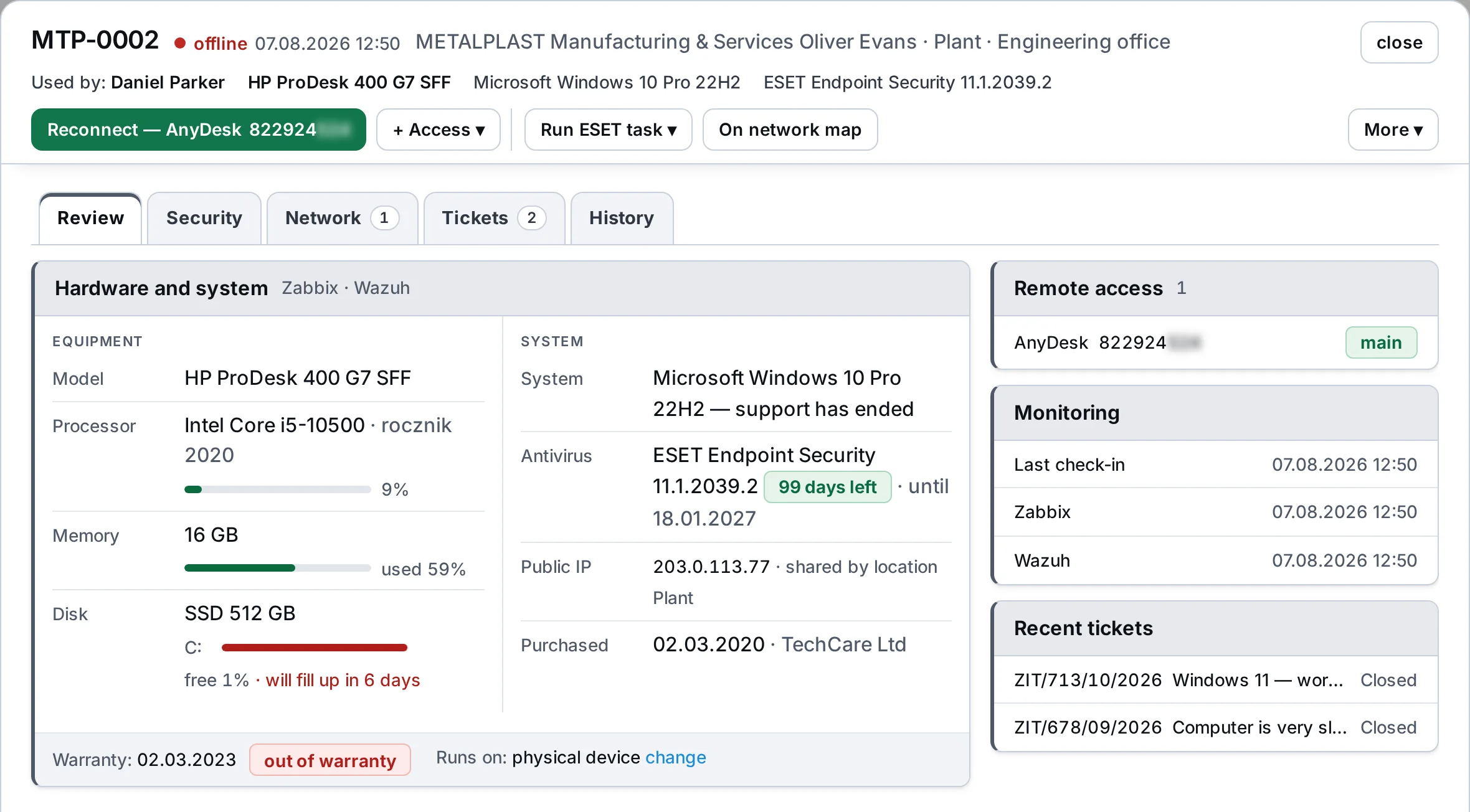 Workstation card: header with status and AnyDesk, plus the “Hardware and system” block with Zabbix load bars and a disk-full forecast – sample data