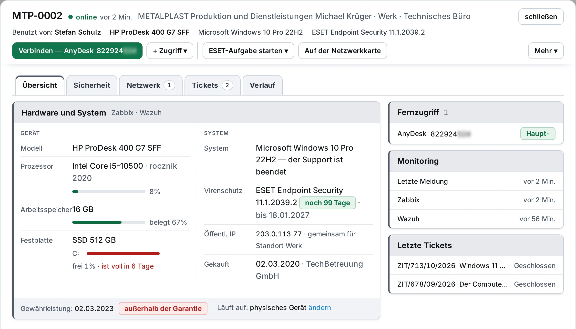 Arbeitsplatzkarte: Kopf mit Status und AnyDesk sowie Block „Hardware und System“ mit Zabbix-Auslastungsbalken und Prognose, wann die Festplatte voll ist – Beispieldaten