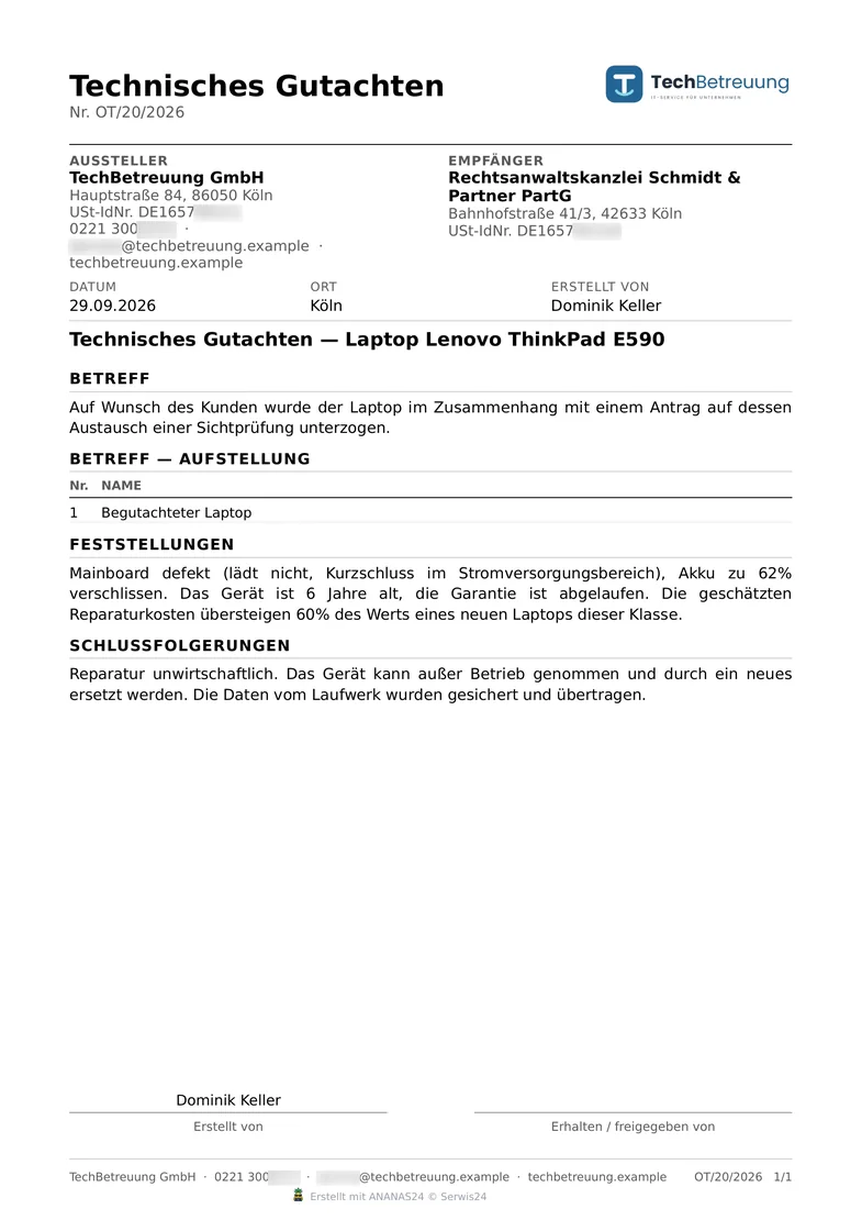 Technisches Gutachten aus PACT: ein Laptop, dessen Reparatur sich nicht lohnt, mit Befunden und Schlussfolgerungen – Beispieldaten
