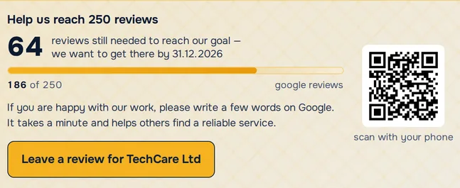 Google reviews tile in JUICE: counter of reviews left to reach the goal, progress bar, QR code and Leave a review button – sample data