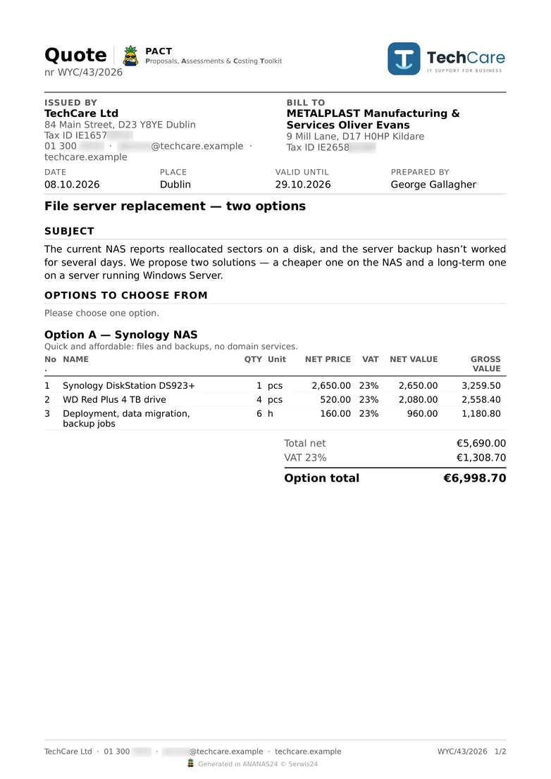 PACT quote as a PDF: header with logo, description and option A with a line-item table, VAT and total (option B on the second page) – sample data