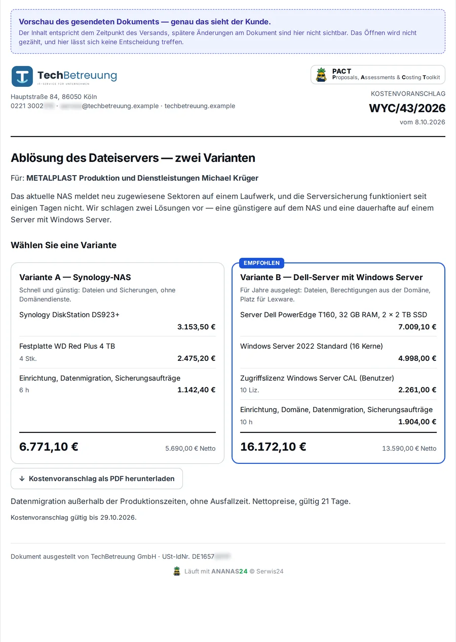 PACT-Kostenvoranschlag, wie ihn der Kunde über den Link sieht: Variante A und empfohlene Variante B nebeneinander – Beispieldaten