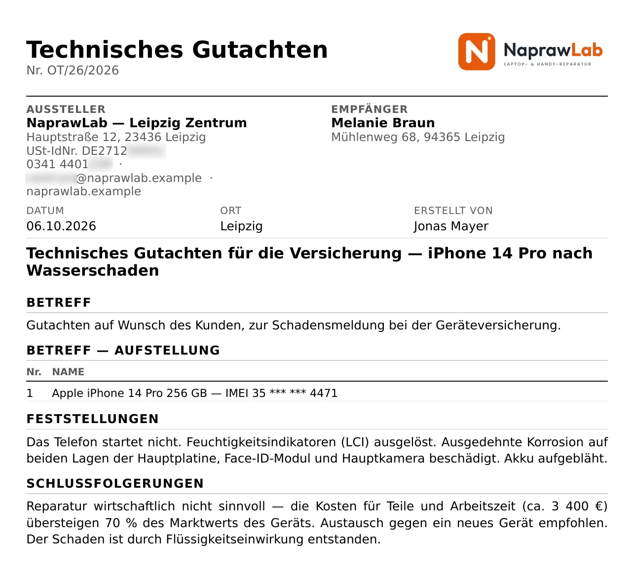 Technisches Gutachten OT/26/2026 für die Versicherung: iPhone 14 Pro nach Wasserschaden, Feststellungen und Schlussfolgerungen – Beispieldaten