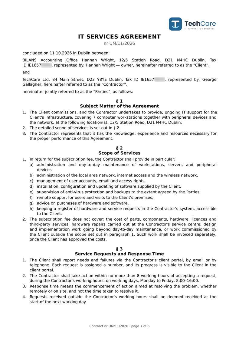 IT support agreement generated in ANANAS, page 1 – sample data