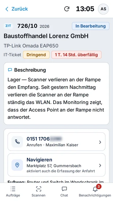 IT ticket card on a phone: description, call and navigate buttons – sample data