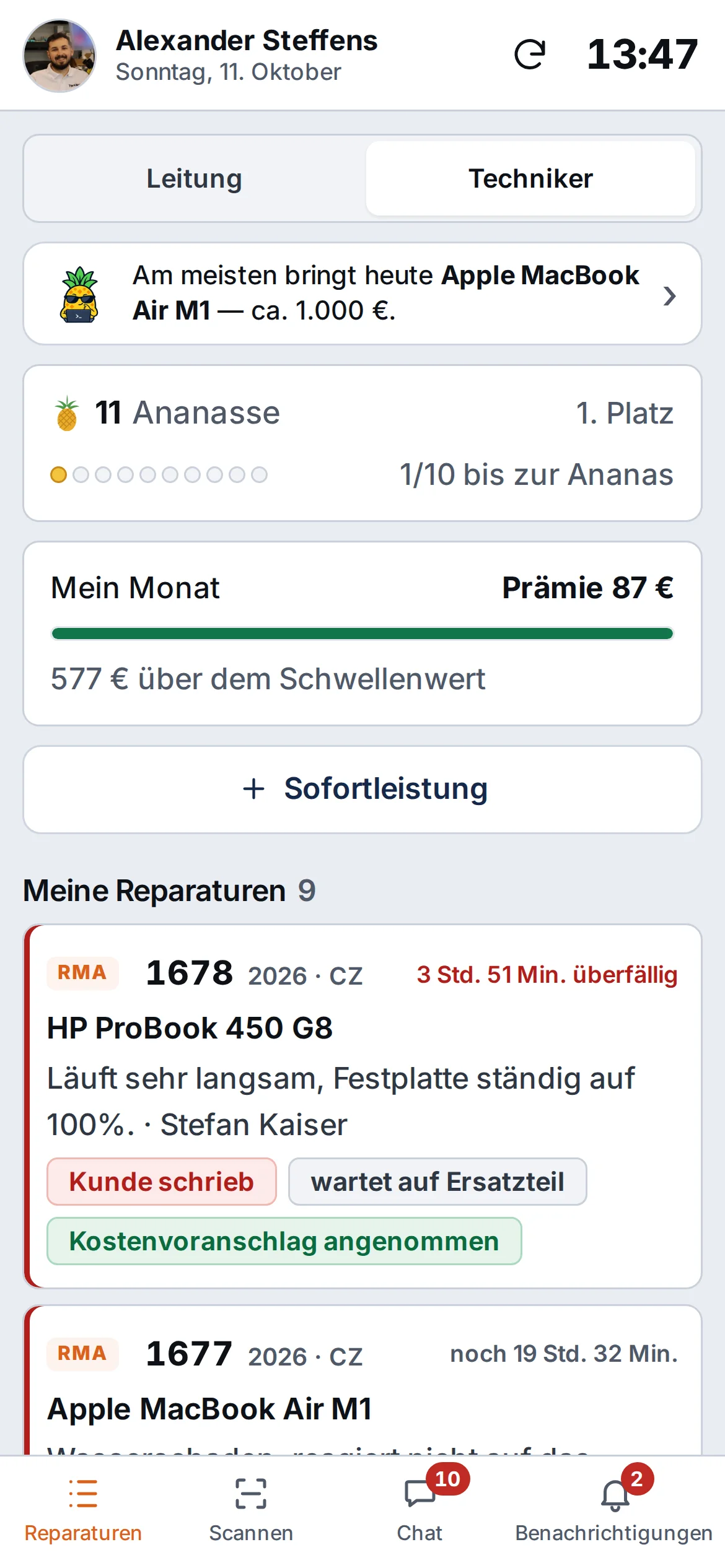 Smartphone des Technikers: Tipp vom Ananas, Ananas, Mein Monat, Sofortleistung und die Liste Meine Reparaturen mit Status – Beispieldaten