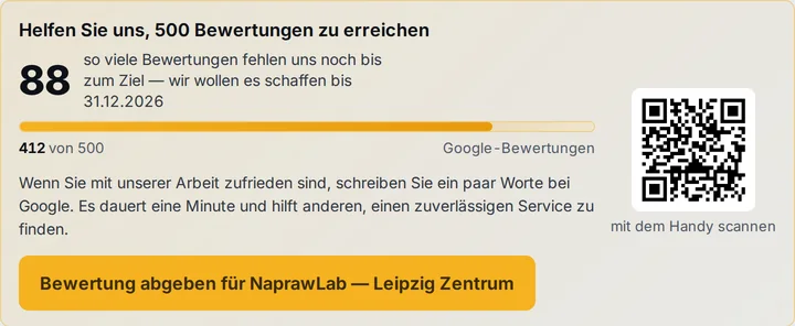 Kachel für Google-Bewertungen im SAFT: Zähler fehlender Bewertungen, QR-Code und Schaltfläche „Bewertung abgeben“ – Beispieldaten
