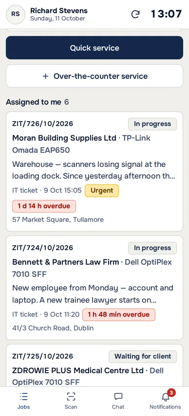 Technician's job list on a phone in the ANANAS theme – sample data