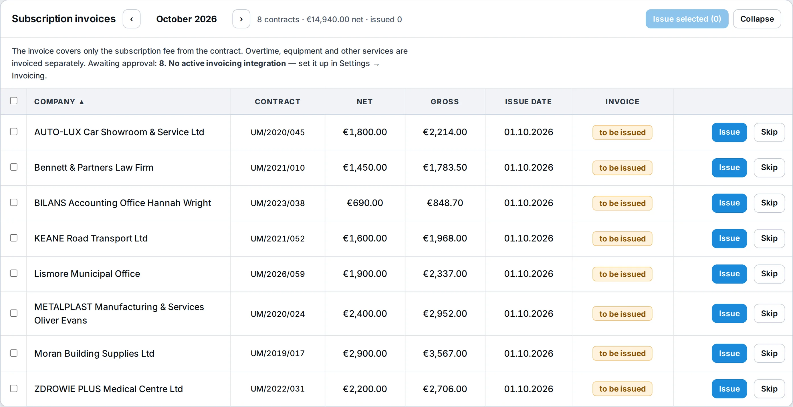 Subscription invoices, October 2026: eight contracts with net and gross amounts, issue date, to-be-issued status and Issue and Skip buttons – sample data