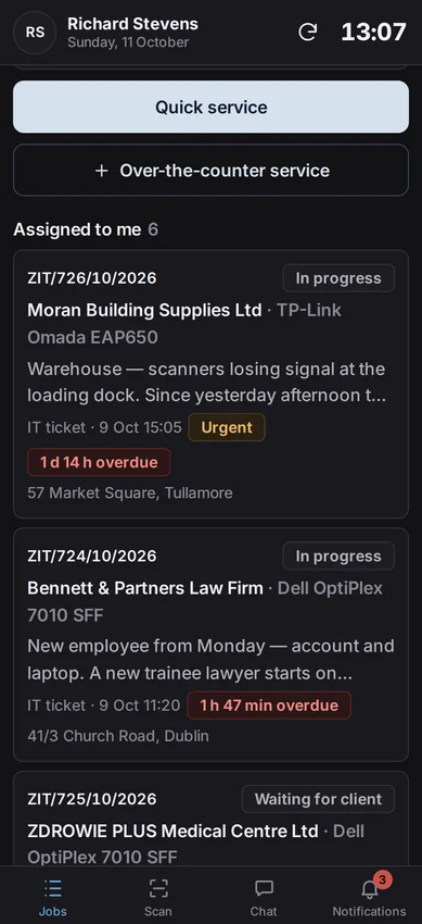 Technician's job list on a phone in the dark theme – sample data