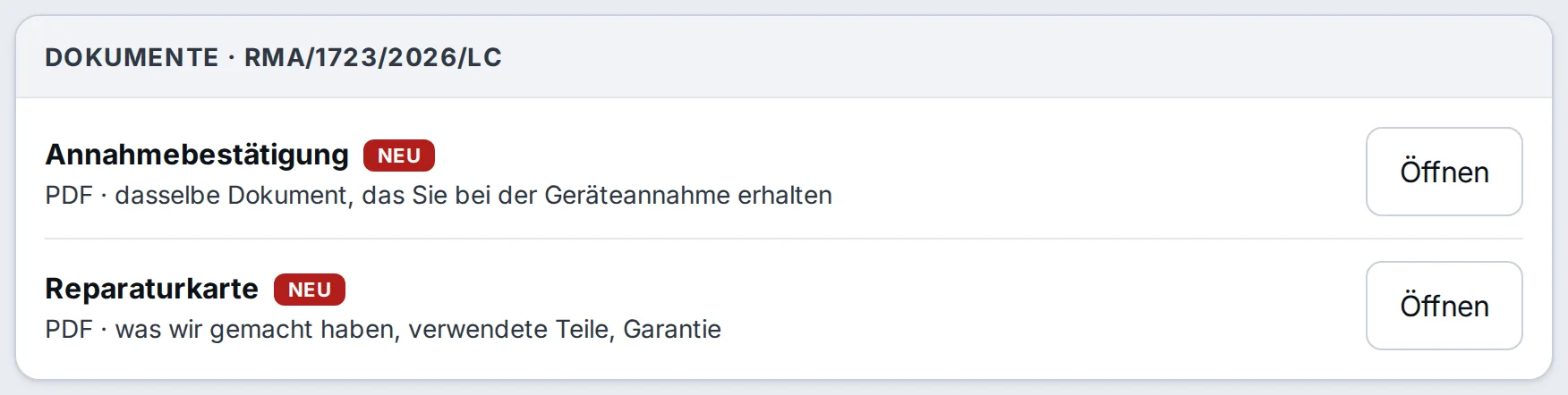 SAFT, Reiter Dokumente: Annahmebestätigung und Reparaturkarte als PDF mit der Markierung NEU – Beispieldaten