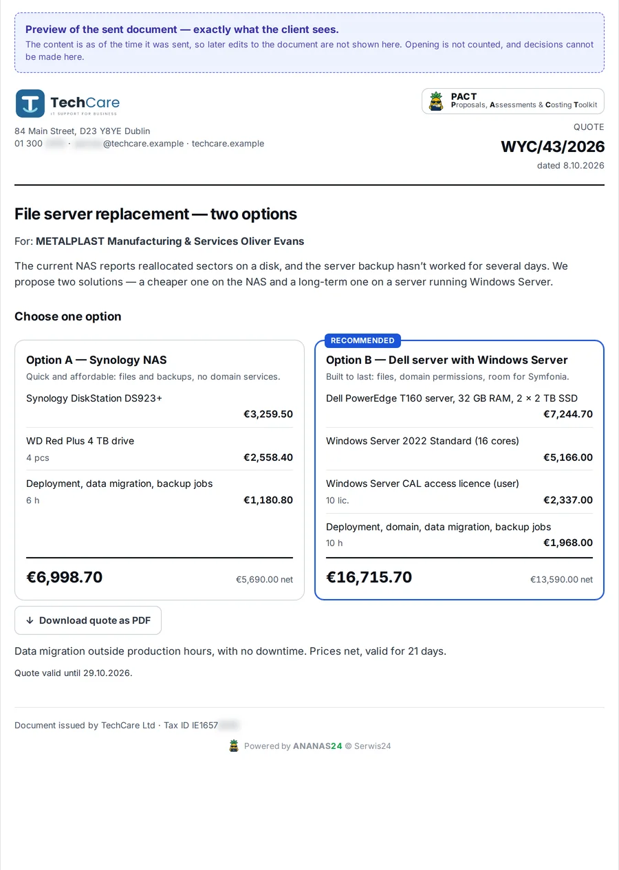 PACT quote as the client sees it at the link: option A and recommended option B side by side – sample data