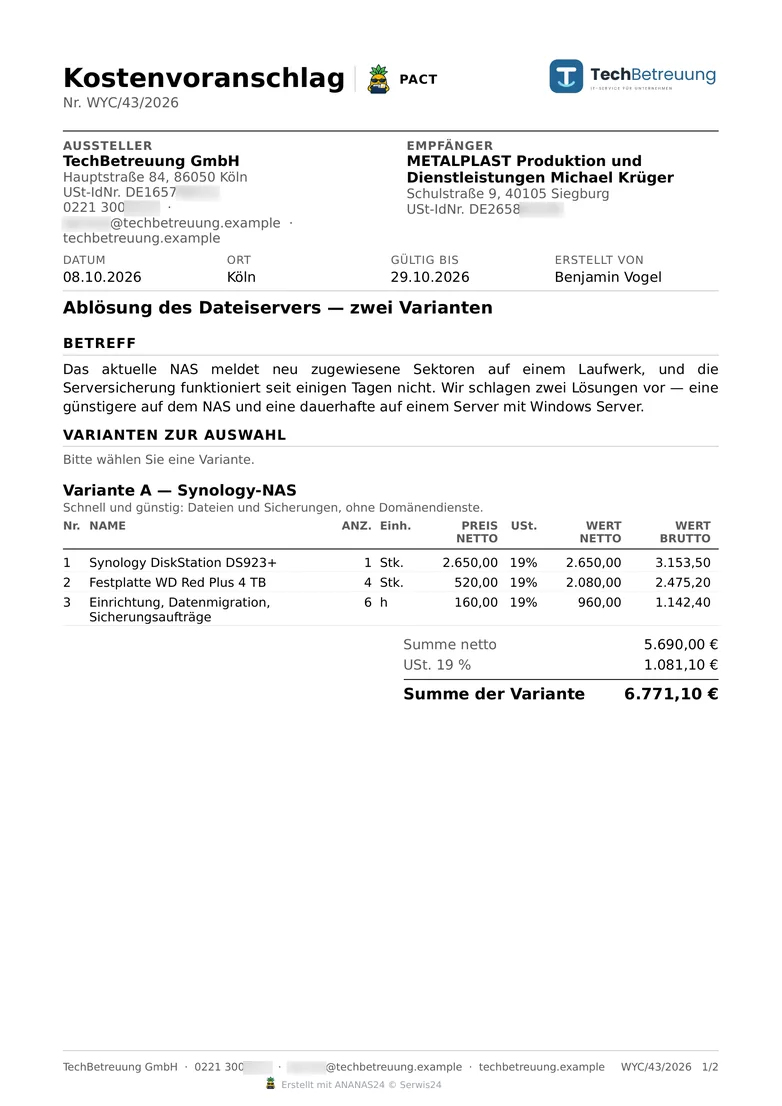 PACT-Angebot als PDF: Kopf mit Logo, Beschreibung und Variante A mit Positionstabelle, MwSt. und Summe (Variante B auf der zweiten Seite) – Beispieldaten