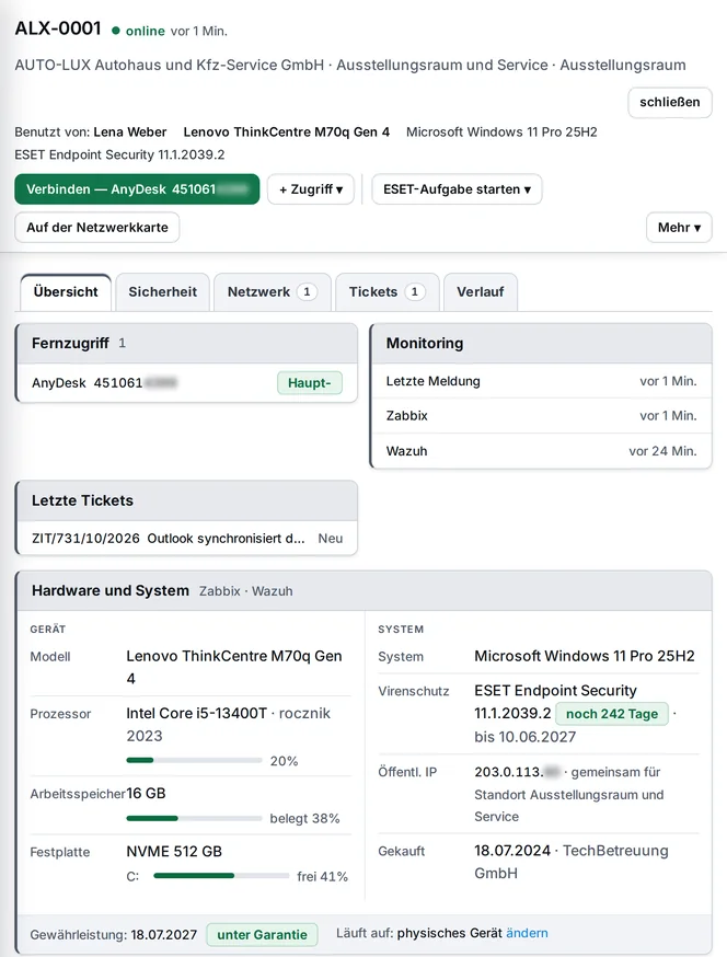 Arbeitsplatzansicht ALX-0001: wer daran sitzt, Computer, Betriebssystem, Festplatte, Virenschutz, AnyDesk und eine Schaltfläche zum Verbinden mit einem Klick – Beispieldaten