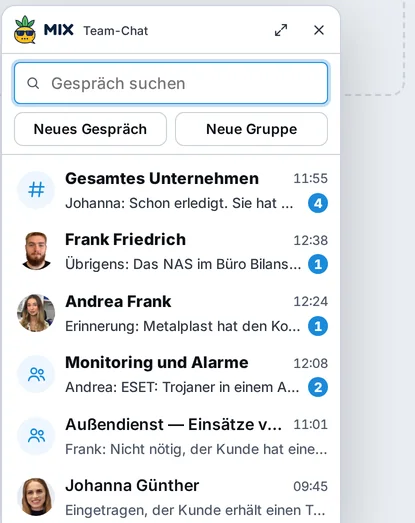 Team-Chat MIX: Kanal für das ganze Unternehmen, Gruppen wie Monitoring und Alarme oder Außendienst – Einsätze vor Ort, und private Chats – Beispieldaten
