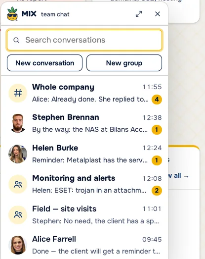 MIX team chat: the whole-company channel, groups such as Monitoring and alerts or Field – site visits, and private chats – sample data