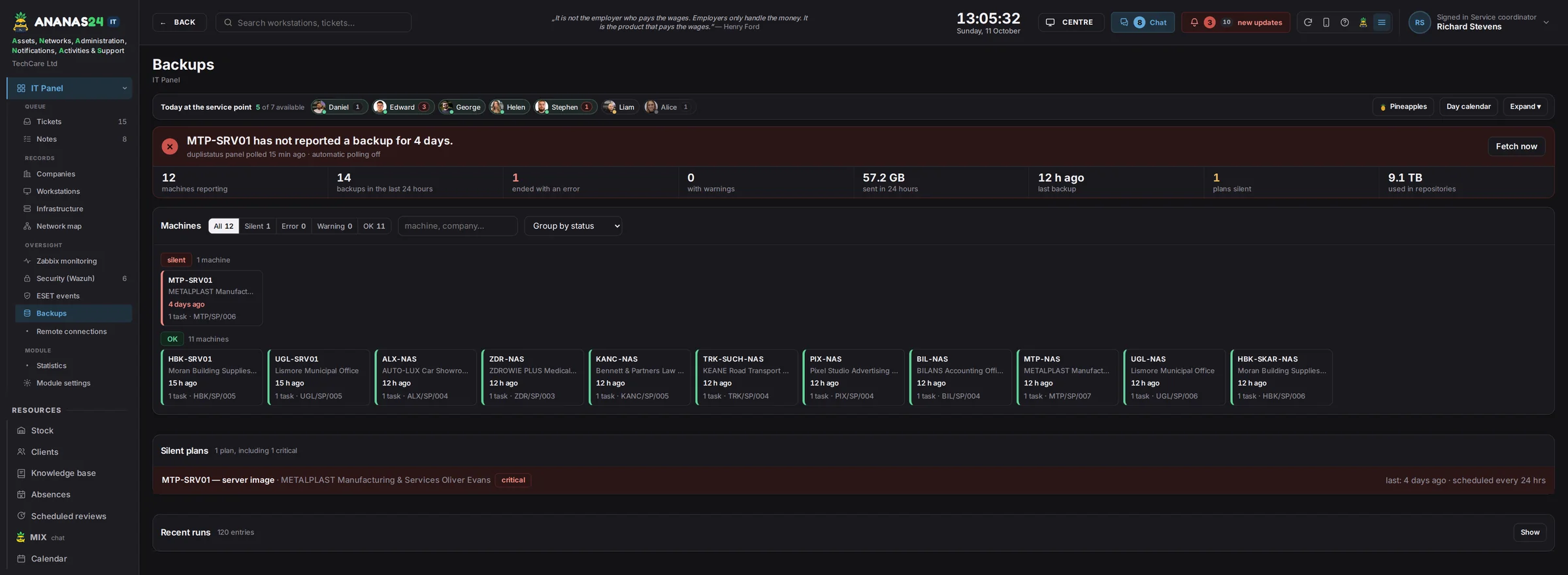 Backups screen in the dark theme – sample data
