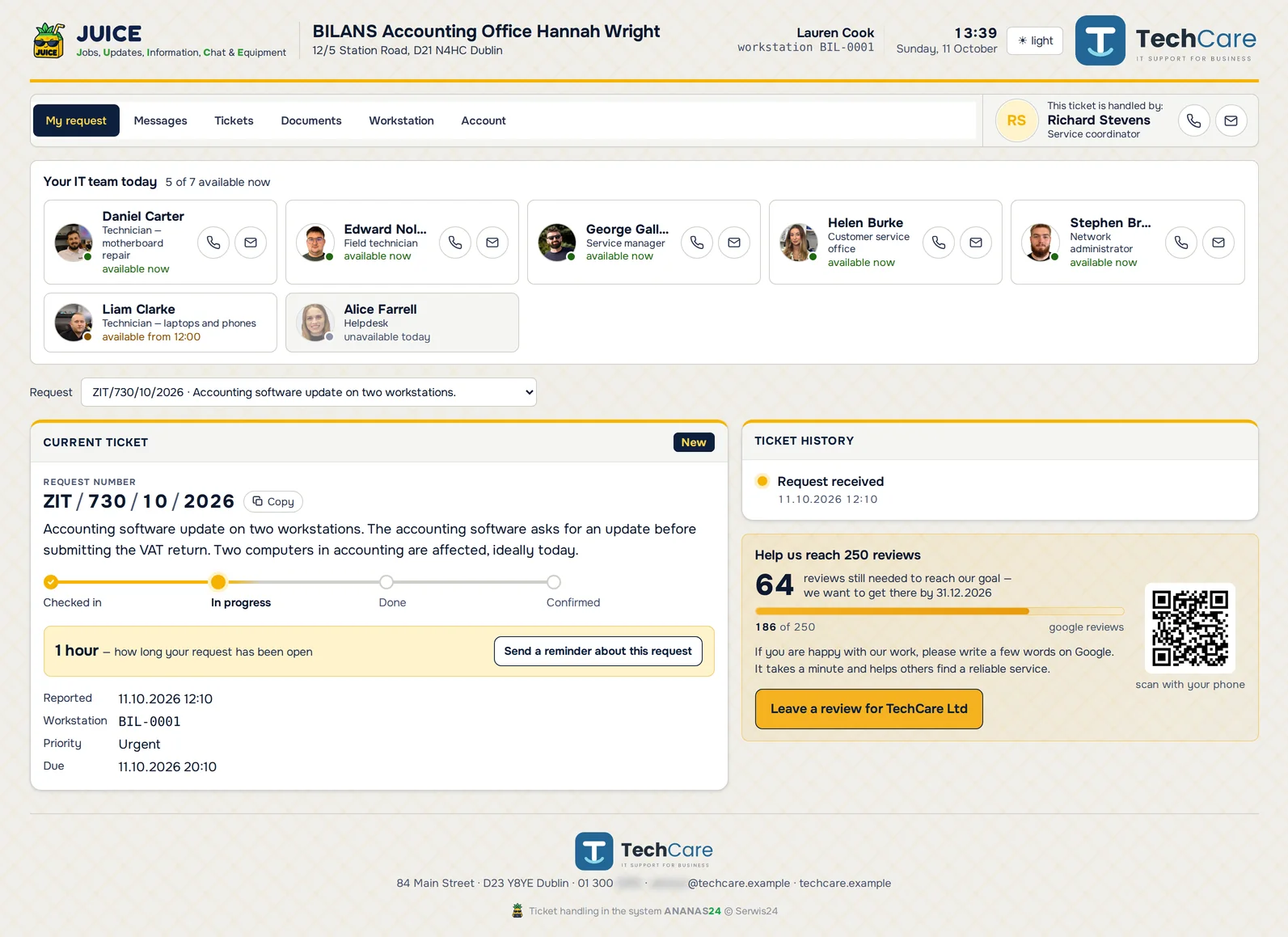 Staff request portal in ANANAS24 – sample data