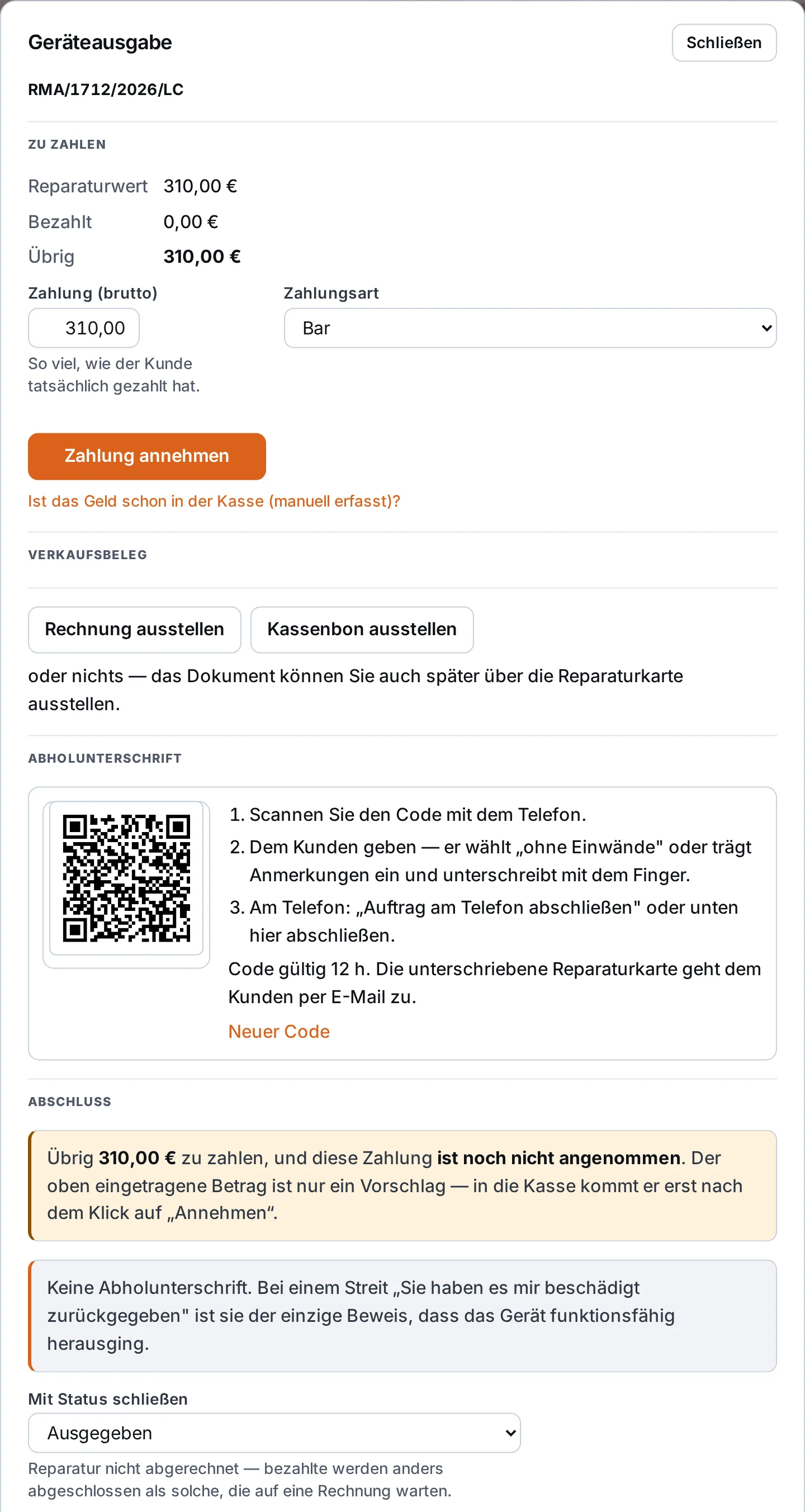 Fenster Geräteausgabe RMA/1712/2026/LC: zu zahlen 310 €, Zahlung und Zahlungsart, Abrechnungsschaltflächen, QR-Code für die Abholbestätigung in drei Schritten und Auswahl des Abschlussstatus – Beispieldaten