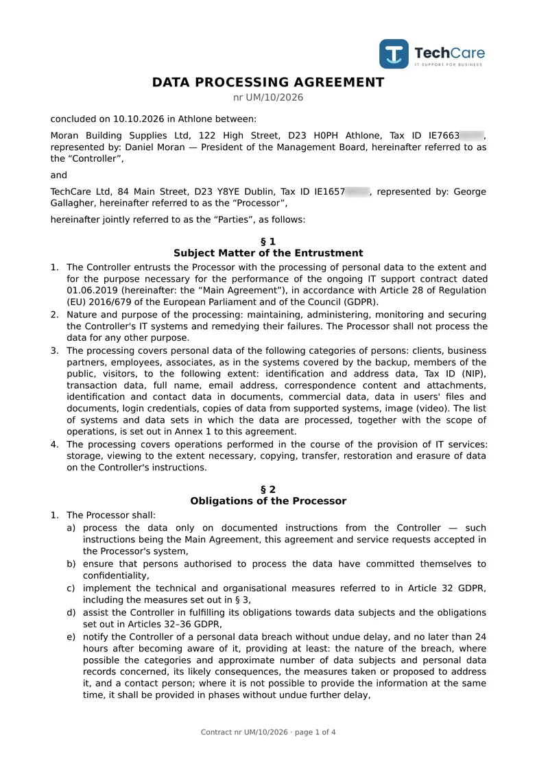 Data processing agreement generated in ANANAS, page 1 – sample data