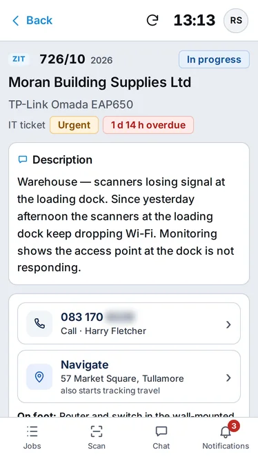 IT ticket card on a phone: description, call and navigate buttons – sample data