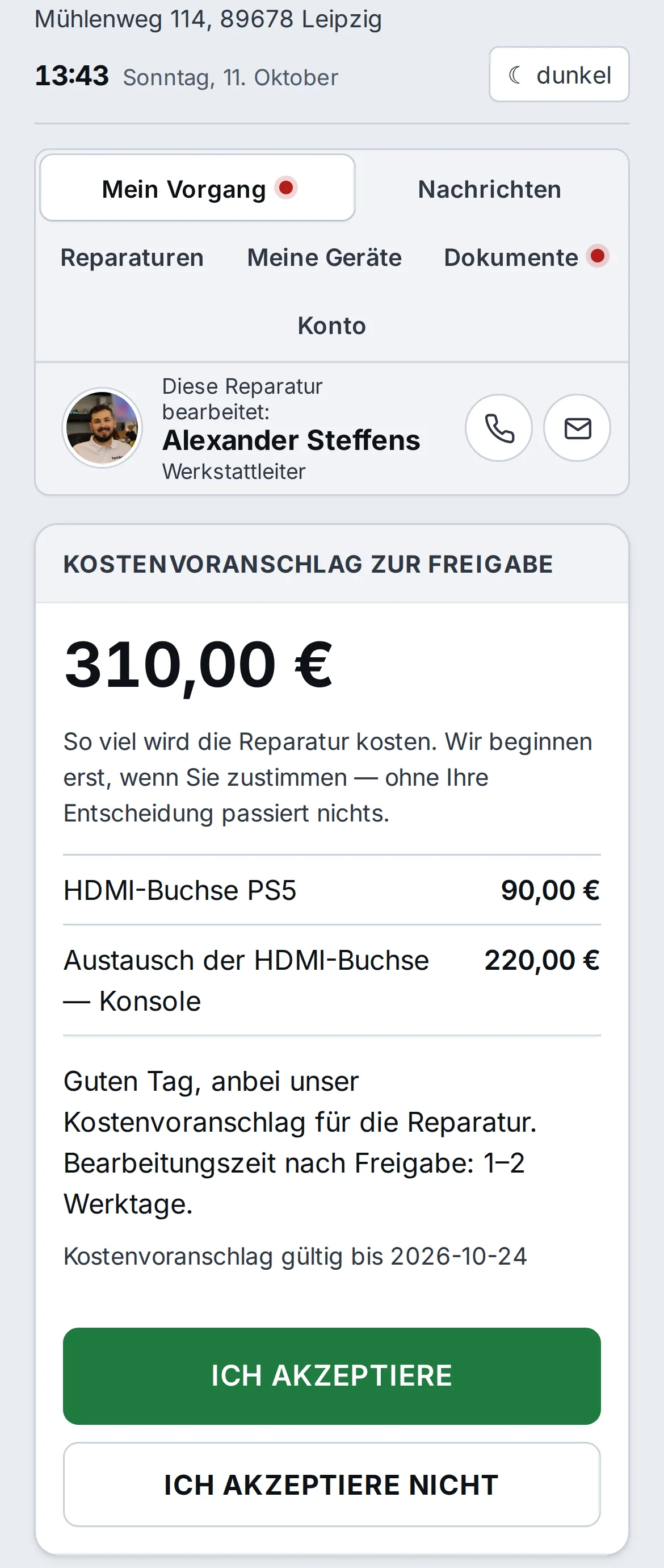SAFT auf dem Smartphone des Kunden: Kostenvoranschlag über 310 € zur Freigabe mit den Schaltflächen „Ich akzeptiere“ und „Ich akzeptiere nicht“ – Beispieldaten
