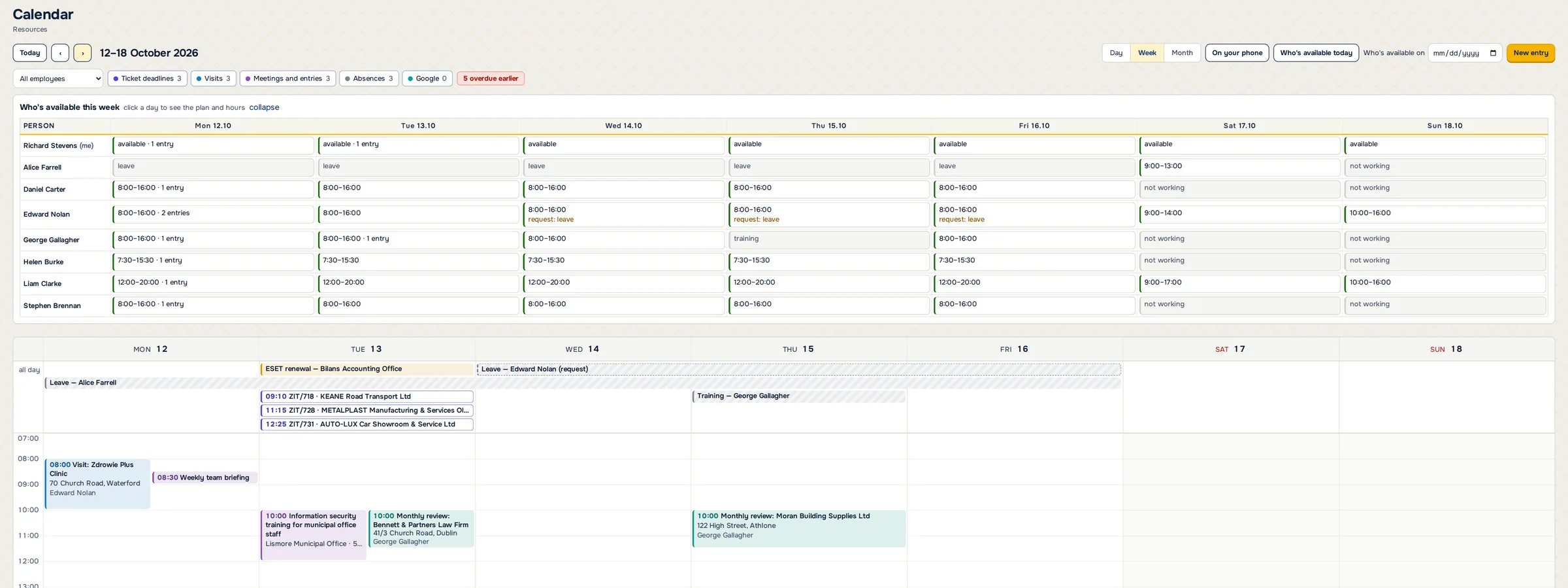 Weekly calendar in ANANAS: availability of every employee, leave and leave requests, training, client visits and ticket deadlines – sample data