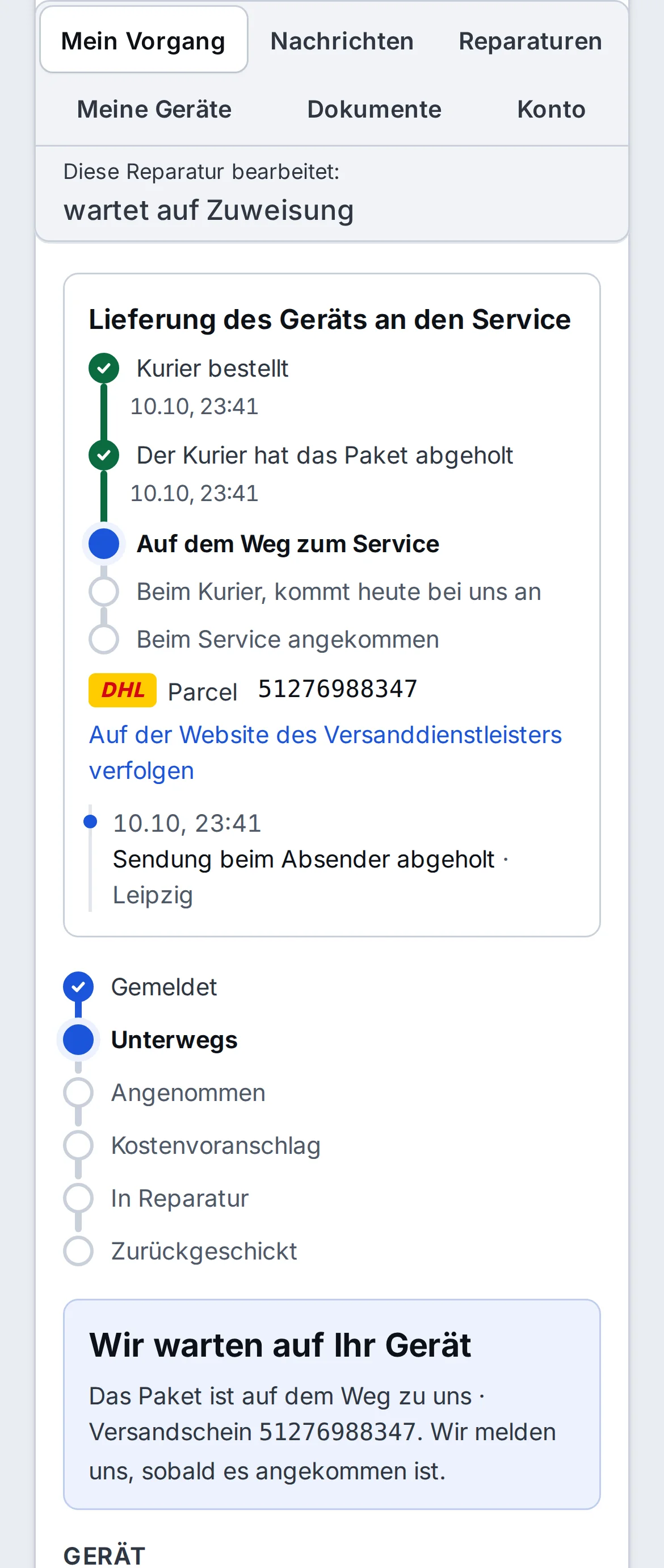 SAFT auf dem Smartphone: DHL-Paket unterwegs zum Service mit Etappen und letztem Scan des Zustellers – Beispieldaten