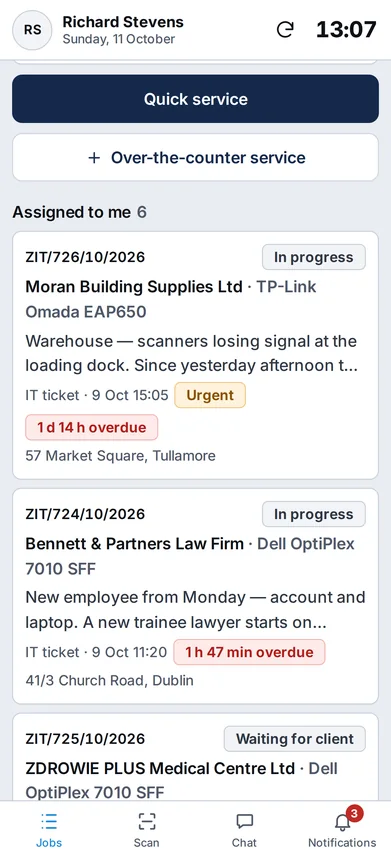 Technician's job list on a phone in the light theme – sample data