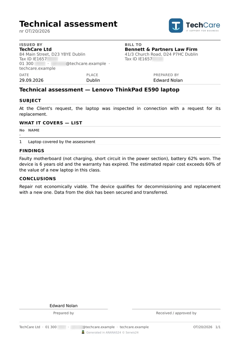 Technical assessment from PACT: a laptop not worth repairing, with findings and conclusions – sample data