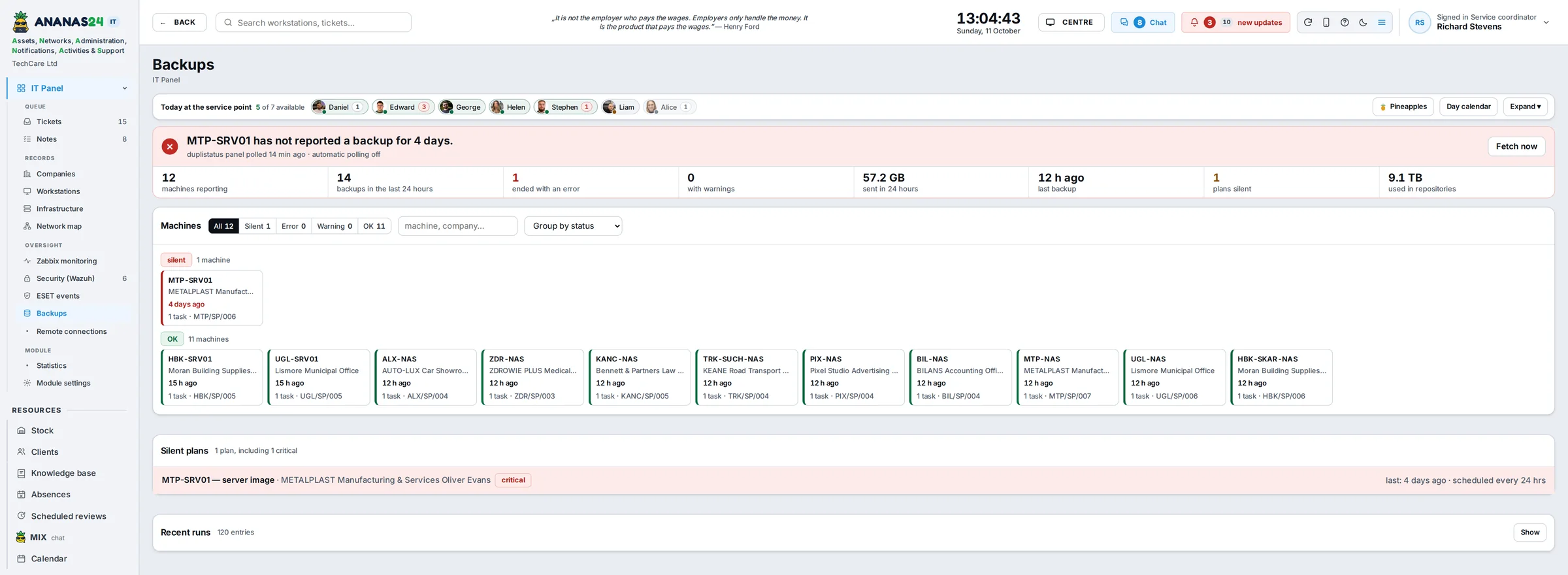 Backups screen in the light theme – sample data