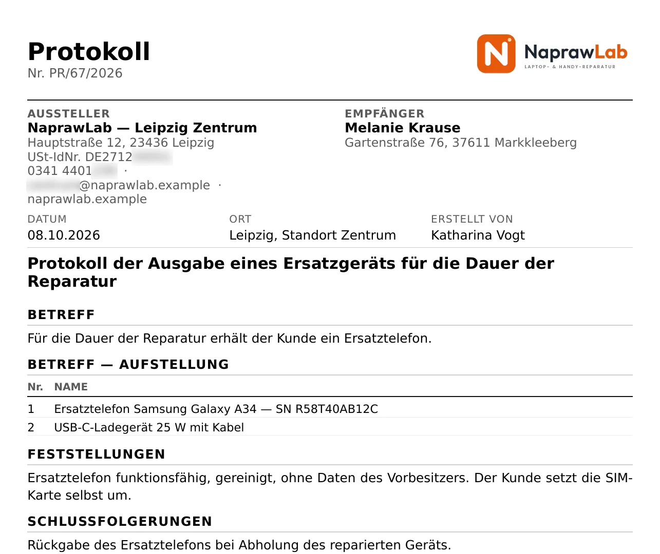 Protokoll PR/67/2026 über die Ausgabe eines Ersatzgeräts für die Dauer der Reparatur: Smartphone und Ladegerät mit Seriennummer – Beispieldaten