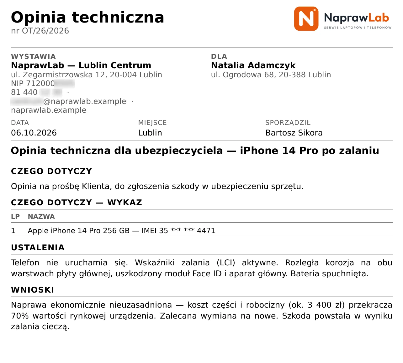 Opinia techniczna OT/26/2026 dla ubezpieczyciela: iPhone 14 Pro po zalaniu, ustalenia i wnioski – przykładowe dane