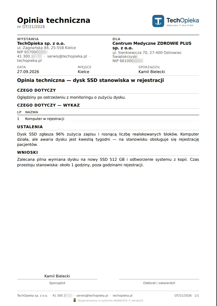 Opinia techniczna z PAKT: wymiana dysku SSD po ostrzeżeniu z monitoringu – przykładowe dane